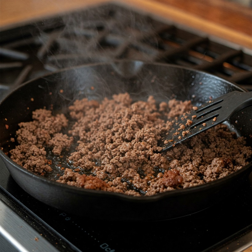 Cooked Ground Beef On Lodge Cast Iron Skillet